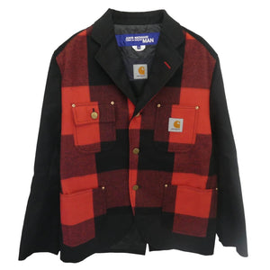 JUNYA WATANABE COMME des GARCONS MAN ジュンヤワタナベコムデギャルソンマン AD2021 WH-J006 CARHARTT カーハート Wool Surge Duck-Switched Check Jacket ウールサージ ダック切替 チェック柄 テーラードジャケット ブラック系 レッド系 XS【美品】【中古】