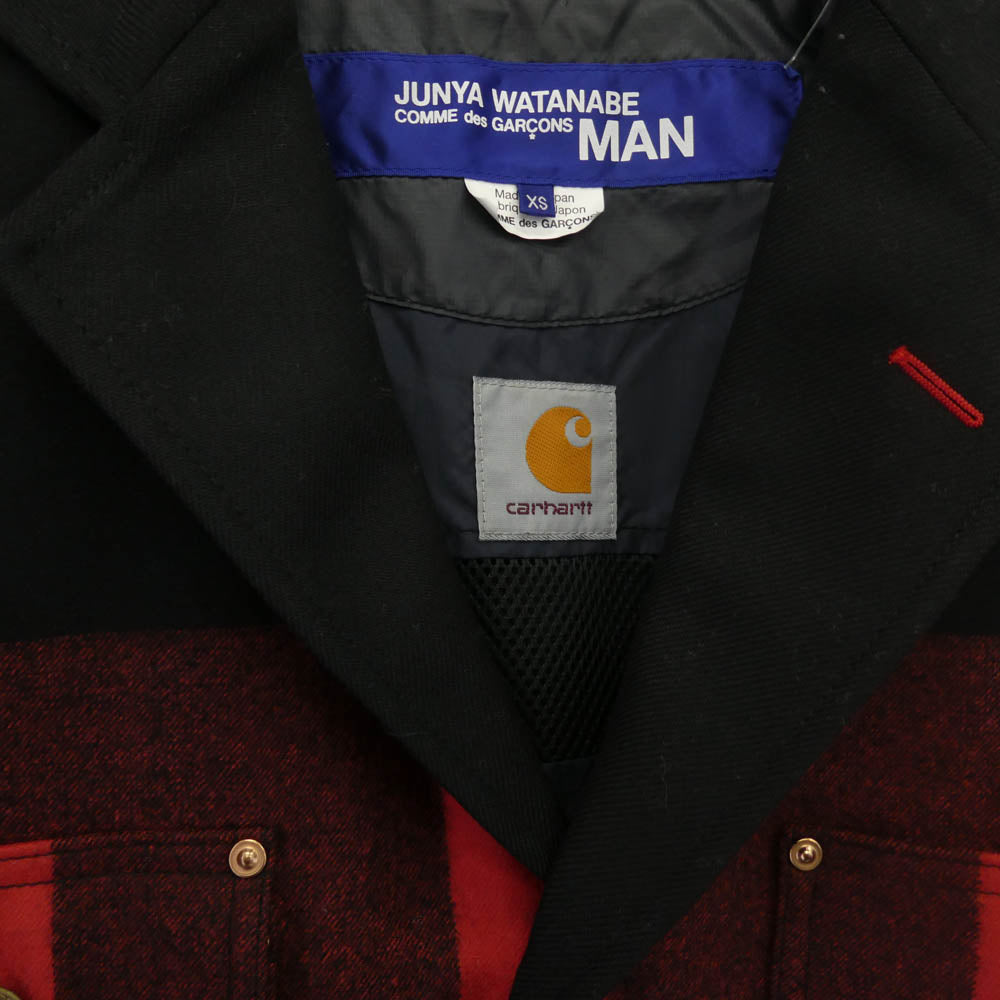 JUNYA WATANABE COMME des GARCONS MAN ジュンヤワタナベコムデギャルソンマン AD2021 WH-J006 CARHARTT カーハート Wool Surge Duck-Switched Check Jacket ウールサージ ダック切替 チェック柄 テーラードジャケット ブラック系 レッド系 XS【美品】【中古】