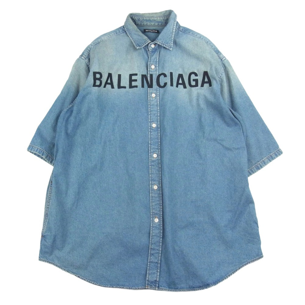 BALENCIAGA バレンシアガ 600276 TYE24 4065 LOGO DENIM SHIRT ロゴ デニム シャツ オーバーサイズ 半袖 ロゴ刺繍 インディゴ インディゴブルー系 42【中古】