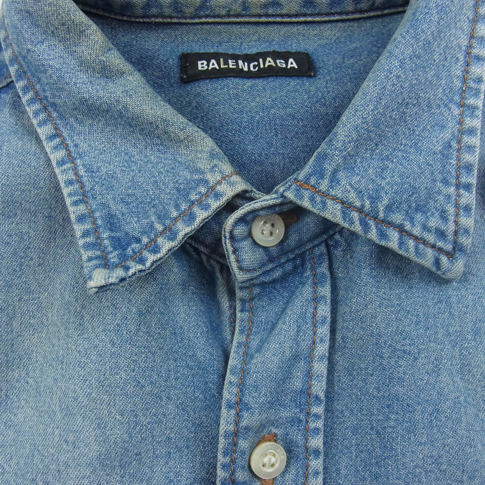 BALENCIAGA バレンシアガ 600276 TYE24 4065 LOGO DENIM SHIRT ロゴ デニム シャツ オーバーサイズ 半袖 ロゴ刺繍 インディゴ インディゴブルー系 42【中古】