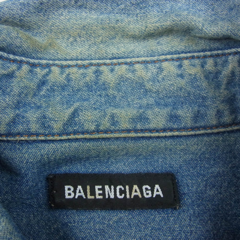 BALENCIAGA バレンシアガ 600276 TYE24 4065 LOGO DENIM SHIRT ロゴ デニム シャツ オーバーサイズ 半袖 ロゴ刺繍 インディゴ インディゴブルー系 42【中古】