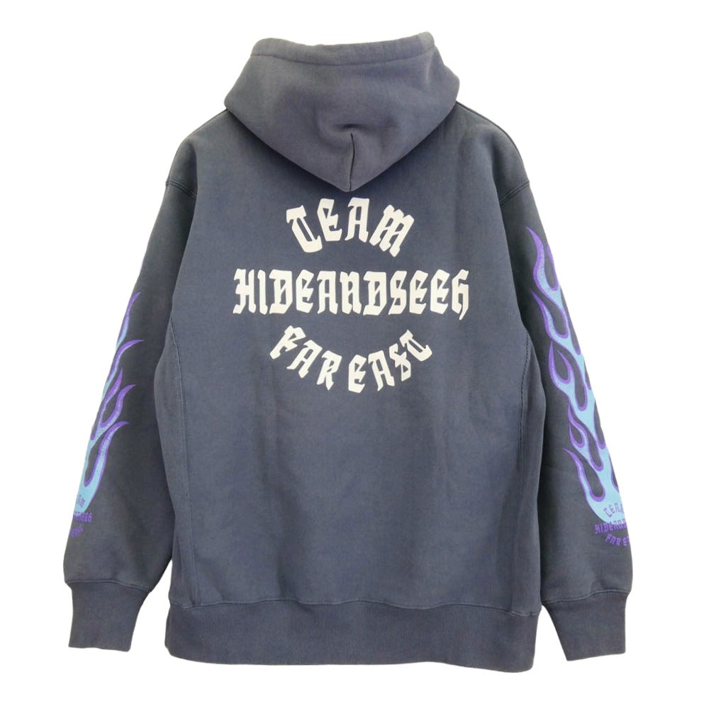 HideandSeek ハイドアンドシーク HC-090622 FLAME HOODED SWEAT SHIRT フレイム フーデッド スウェット ロゴ バックプリント プルオーバー パーカー グレー系 L【中古】