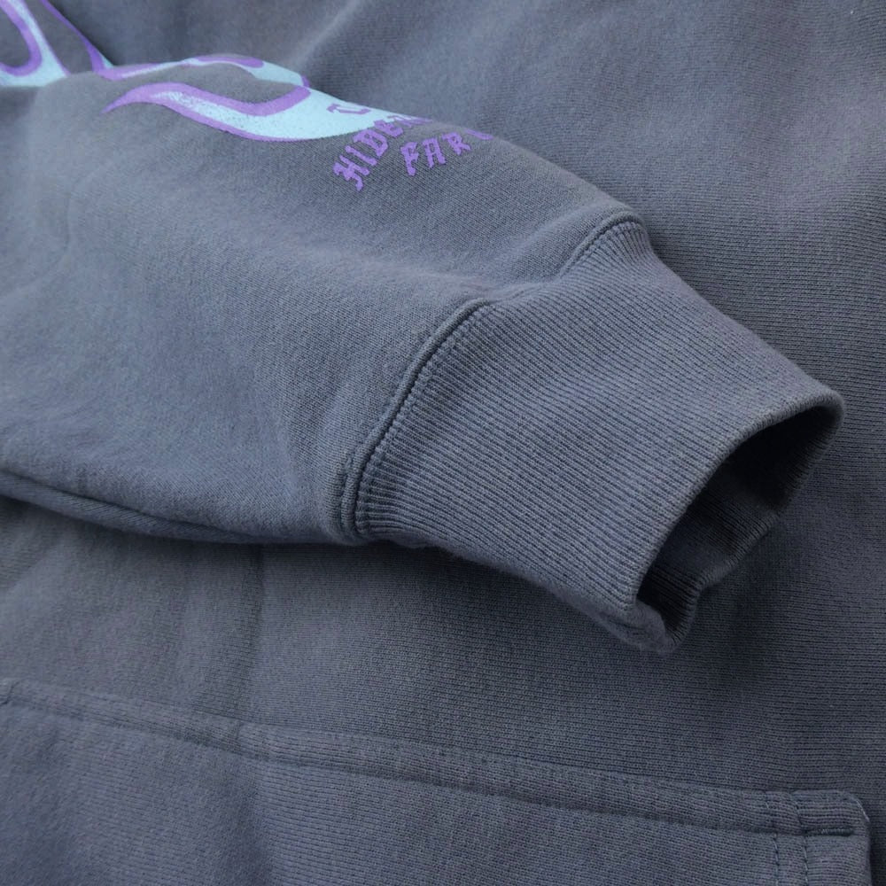 HideandSeek ハイドアンドシーク HC-090622 FLAME HOODED SWEAT SHIRT フレイム フーデッド スウェット ロゴ バックプリント プルオーバー パーカー グレー系 L【中古】