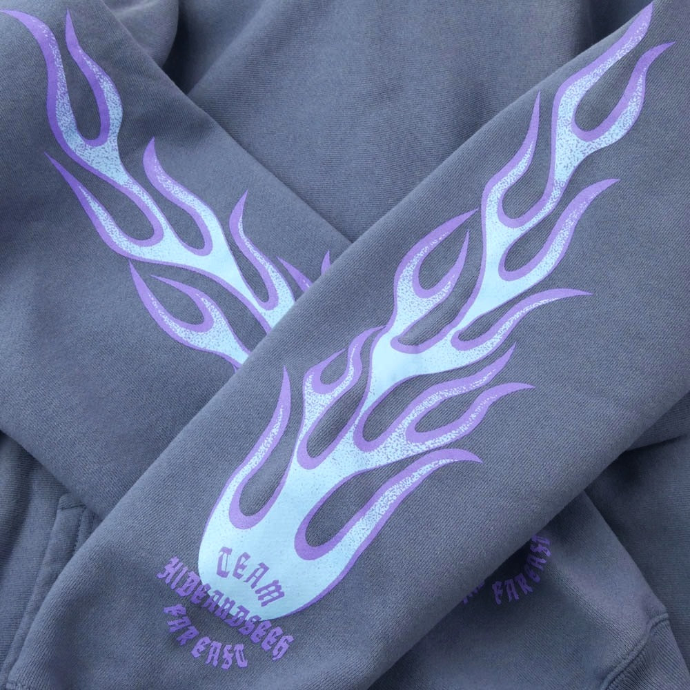 HideandSeek ハイドアンドシーク HC-090622 FLAME HOODED SWEAT SHIRT フレイム フーデッド スウェット ロゴ バックプリント プルオーバー パーカー グレー系 L【中古】