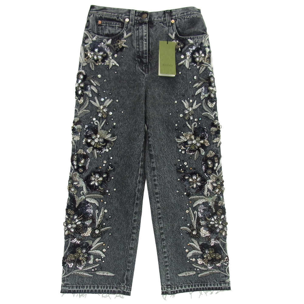 GUCCI グッチ 723498 XDB9C SALON フローラルエンブロイダリー付き デニムパンツ ブラック ブラック系 24【新古品】【未使用】【中古】