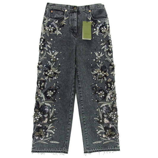 GUCCI グッチ 723498 XDB9C SALON フローラルエンブロイダリー付き デニムパンツ ブラック ブラック系 24【新古品】【未使用】【中古】