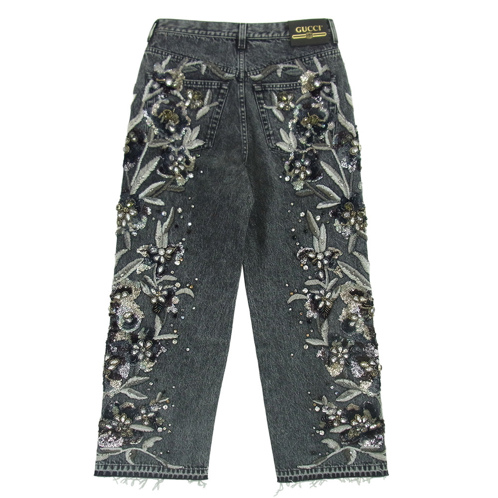 GUCCI グッチ 723498 XDB9C SALON フローラルエンブロイダリー付き デニムパンツ ブラック ブラック系 24【新古品】【未使用】【中古】