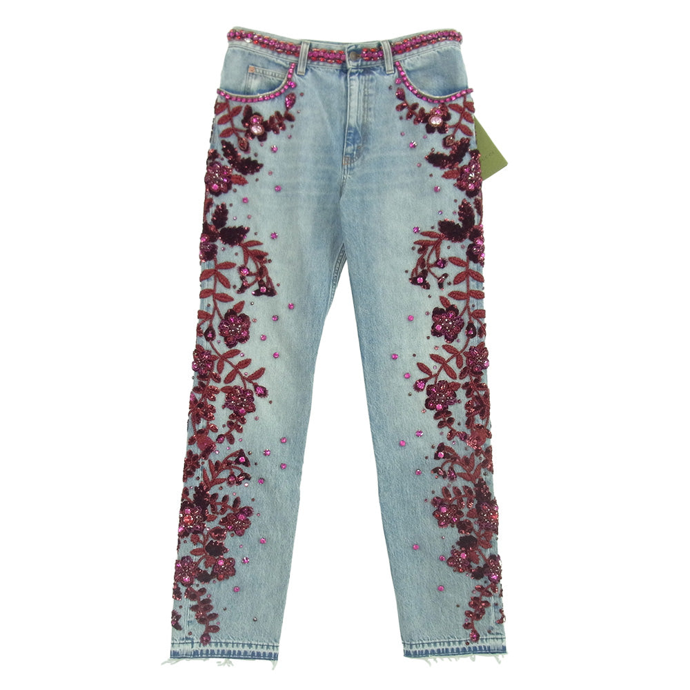 GUCCI グッチ 623953 XDB7B SALON フローラルエンブロイダリー付き デニムパンツ インディゴ インディゴブルー系 32【新古品】【未使用】【中古】