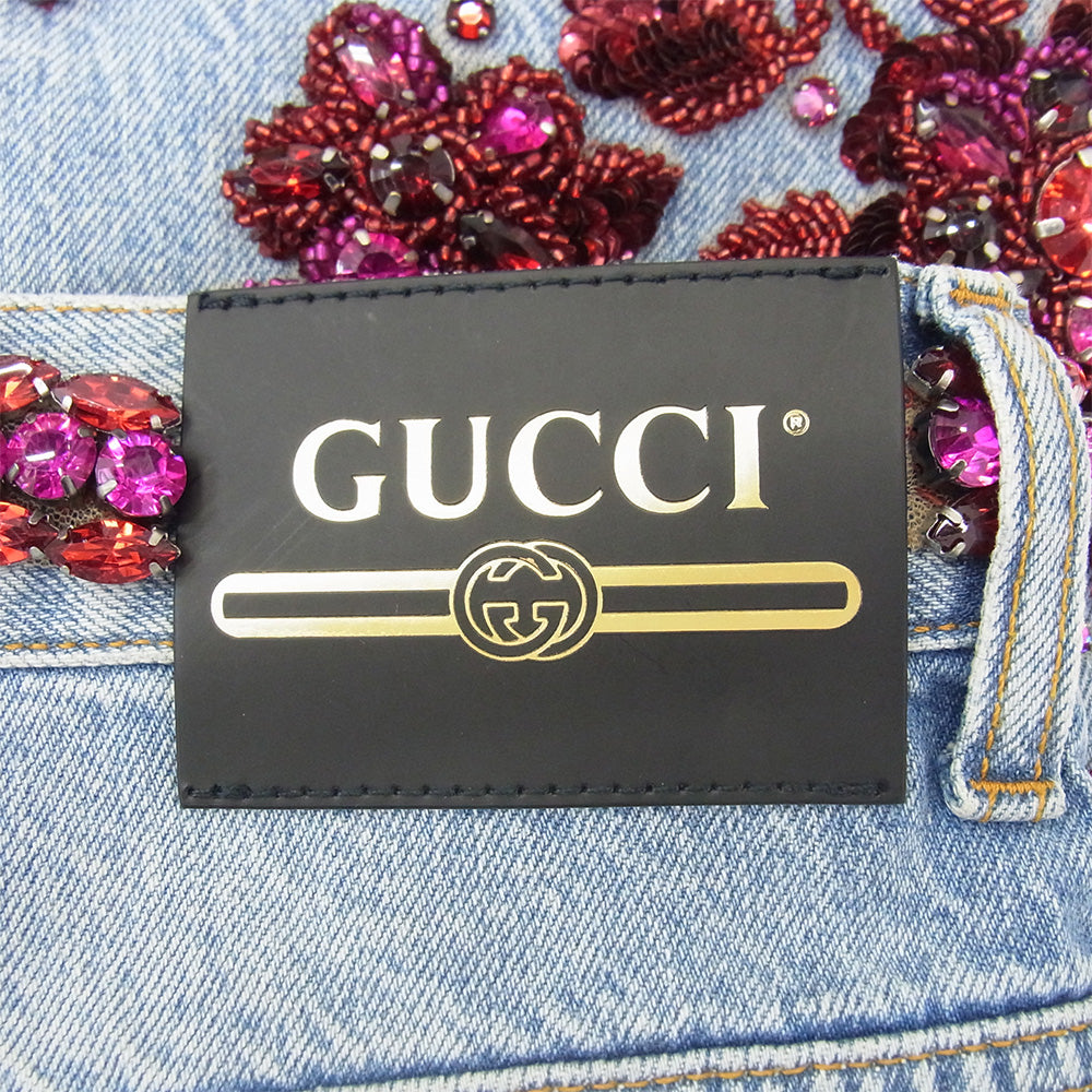 GUCCI グッチ 623953 XDB7B SALON フローラルエンブロイダリー付き デニムパンツ インディゴ インディゴブルー系 32【新古品】【未使用】【中古】