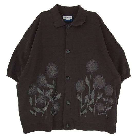 MAISON SPECIAL メゾンスペシャル 11242361204 Flower Embroidery Prime-Over Short Sleeve Knit Shirt フラワーエンブロイダリー プライムオーバー ショートスリーブ 半袖 シャツ ブラウン系 1【美品】【中古】