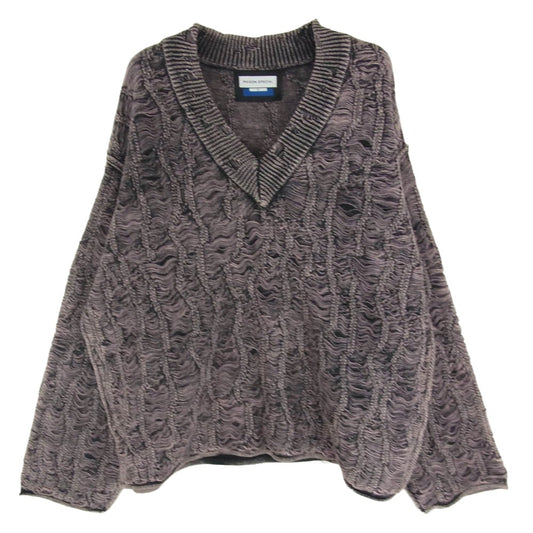 MAISON SPECIAL メゾンスペシャル 11232361331 Snow Wash Destroy Fringe Denim Knit Prime-Over V-Neck Pullover スノーウォッシュ デストロイ加工 フリンジ デニム転写 ニット セーター ピンク系 01【中古】