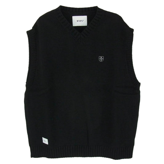 WTAPS ダブルタップス 22AW 222MADT-KNM01 DITCH VEST ACRYLIC．CRST ディッチ ベスト ロゴ刺繍 ニット ベスト ブラック系 X02【新古品】【未使用】【中古】