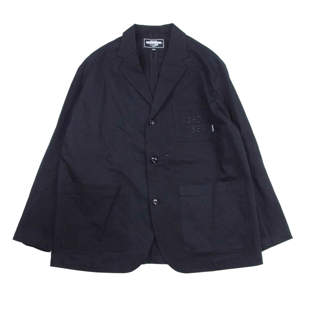 NEIGHBORHOOD ネイバーフッド 231AQWSN-JKM01S X WIND AND SEA 3BUTTON JACKET NBHD AND SEA ロゴ刺繍 ウィンダンシー 3ボタン テーラード ジャケット ロゴ木製ハンガー付 ブラック系 L【中古】