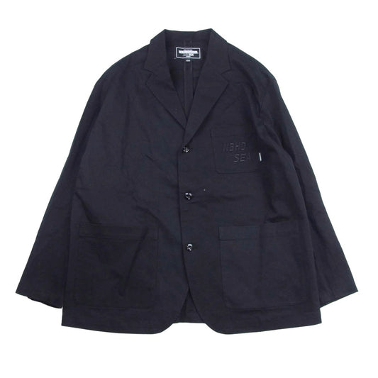 NEIGHBORHOOD ネイバーフッド 231AQWSN-JKM01S X WIND AND SEA 3BUTTON JACKET NBHD AND SEA ロゴ刺繍 ウィンダンシー 3ボタン テーラード ジャケット ロゴ木製ハンガー付 ブラック系 L【中古】