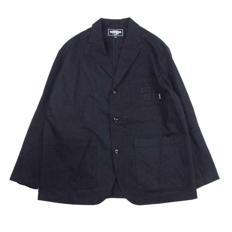 NEIGHBORHOOD ネイバーフッド 231AQWSN-JKM01S X WIND AND SEA 3BUTTON JACKET NBHD AND SEA ロゴ刺繍 ウィンダンシー 3ボタン テーラード ジャケット ロゴ木製ハンガー付 ブラック系 L【中古】