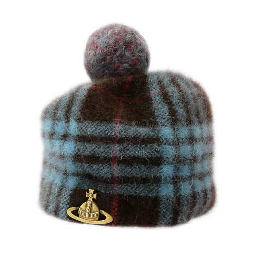 Vivienne Westwood ヴィヴィアンウエストウッド オーブ アンゴラ混 ウール ニット キャップ ビーニー 帽子 ブラウン系 ライトブルー系【中古】