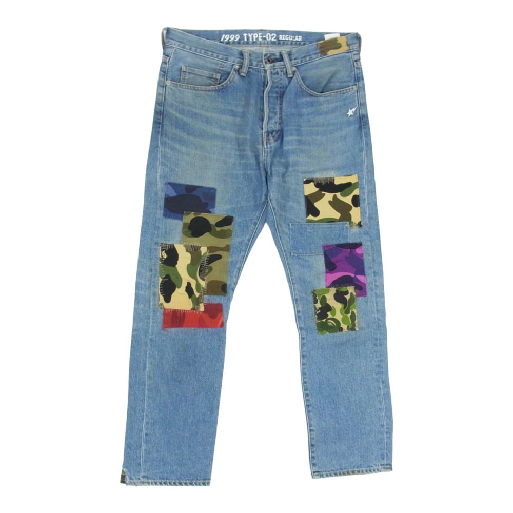 A BATHING APE アベイシングエイプ TYPE-05 MIX CAMO PATCHWORK DAMAGED DENIM PANTS ミックス カモ 迷彩 パッチワーク ダメージ加工 デニム パンツ インディゴブルー系 M【中古】