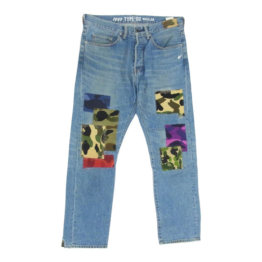 A BATHING APE アベイシングエイプ TYPE-05 MIX CAMO PATCHWORK DAMAGED DENIM PANTS ミックス カモ 迷彩 パッチワーク ダメージ加工 デニム パンツ インディゴブルー系 M【中古】