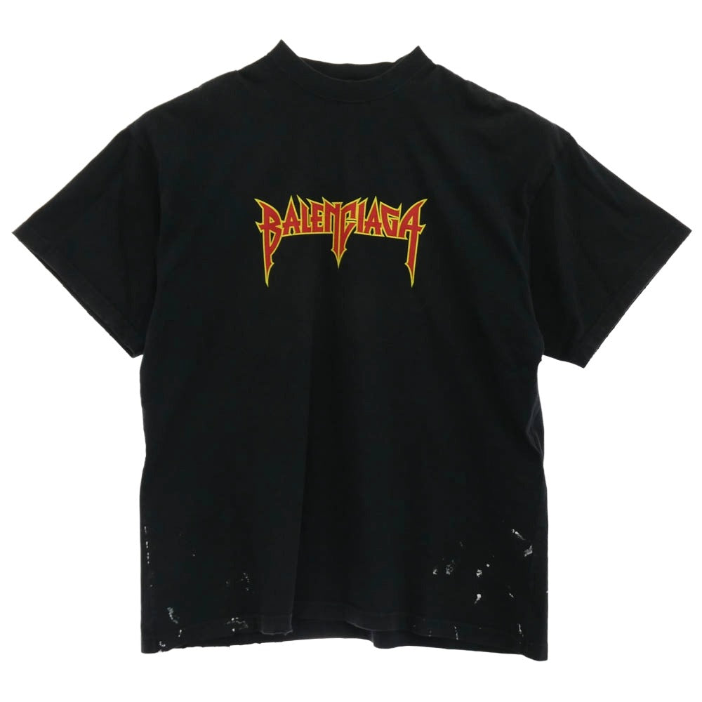BALENCIAGA バレンシアガ 22SS 694576 TMV88 METAL LOGO CRASHED SS TEE クラッシュ加工 メタルロゴ ペンキ Tシャツ 半袖カットソー ブラック系【中古】