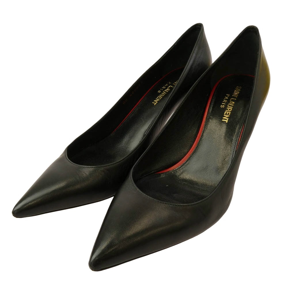 SAINT LAURENT サンローラン 480093 ポインテッドトゥ レザー ヒール パンプス ブラック系 37.5【中古】