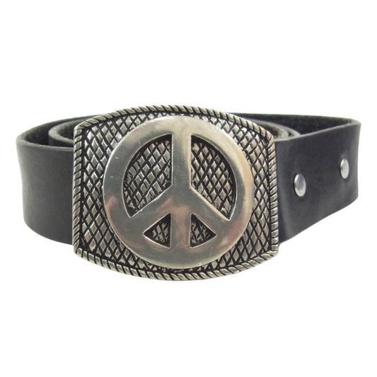 Lucien Pellat-Finet ルシアンペラフィネ イタリア製 ピースマークバックル ヘンプ レザー ベルト ブラック系 36【中古】