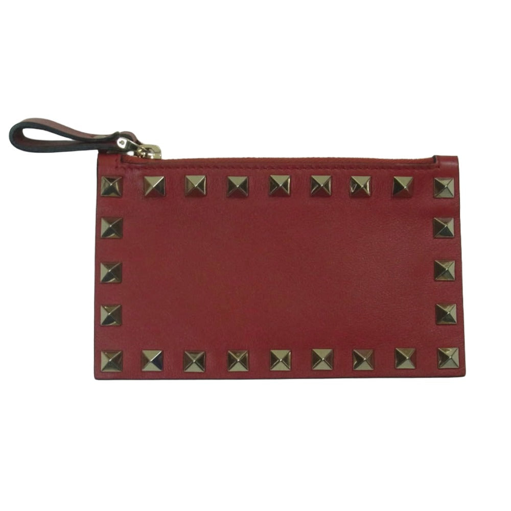 VALENTINO ヴァレンティノ ロックスタッズ レザー コインケース カードケース パスケース 小銭入れ レッド系【中古】