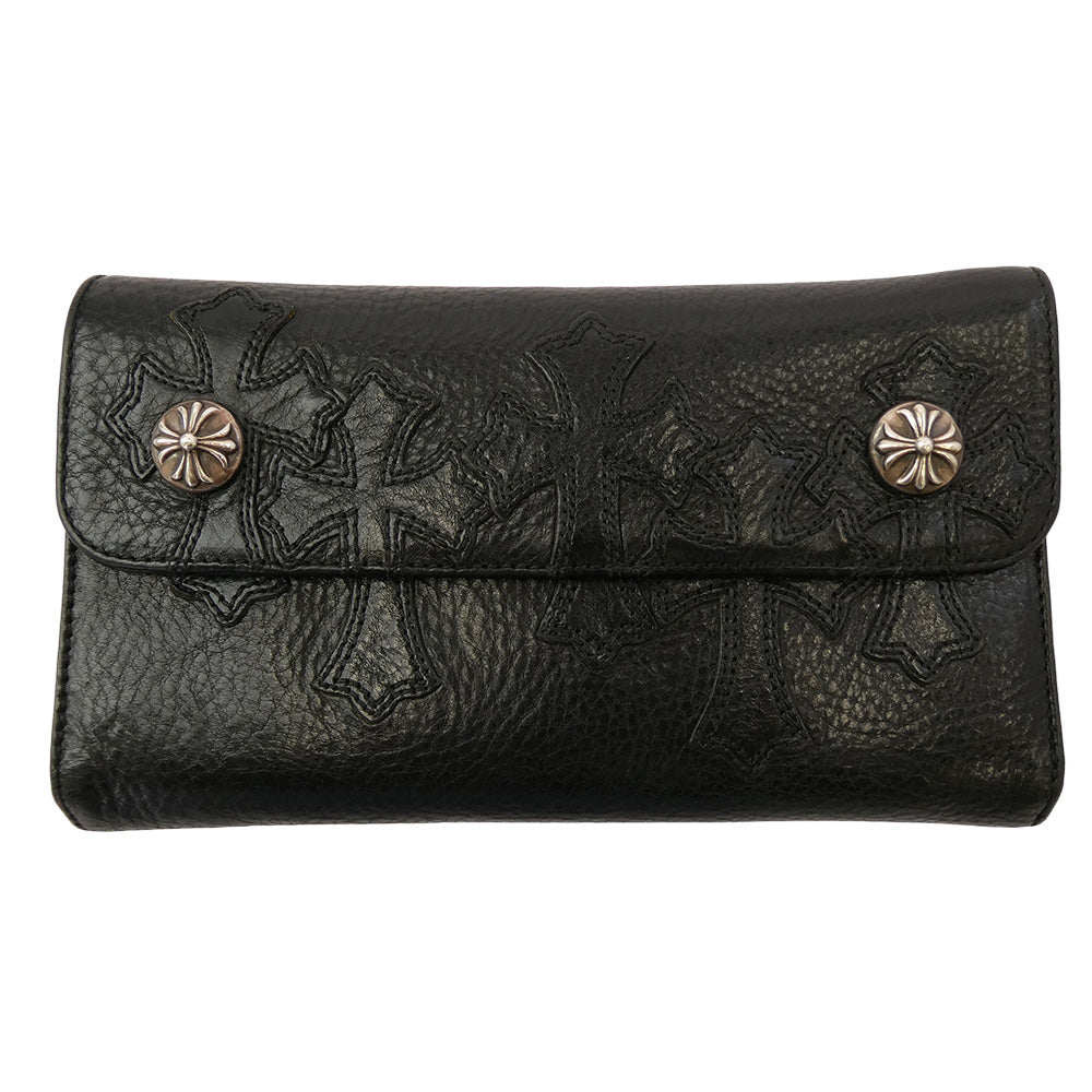 CHROME HEARTS クロムハーツ（原本無） WAVE CROSS PATCH ウェーブ ダガージップ クロスパッチ レザー ウォレット ブラック系【中古】
