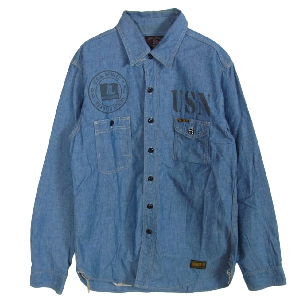TOY'S McCOY トイズマッコイ TMS1903 CHAMBRAY SHIRT MARILYN MONROE MISS TORPEDO マリリンモンロー プリント シャンブレー 長袖シャツ ブルー系 14【中古】