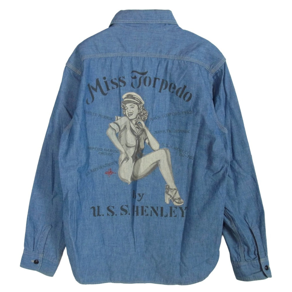 TOY'S McCOY トイズマッコイ TMS1903 CHAMBRAY SHIRT MARILYN MONROE MISS TORPEDO マリリンモンロー プリント シャンブレー 長袖シャツ ブルー系 14【中古】