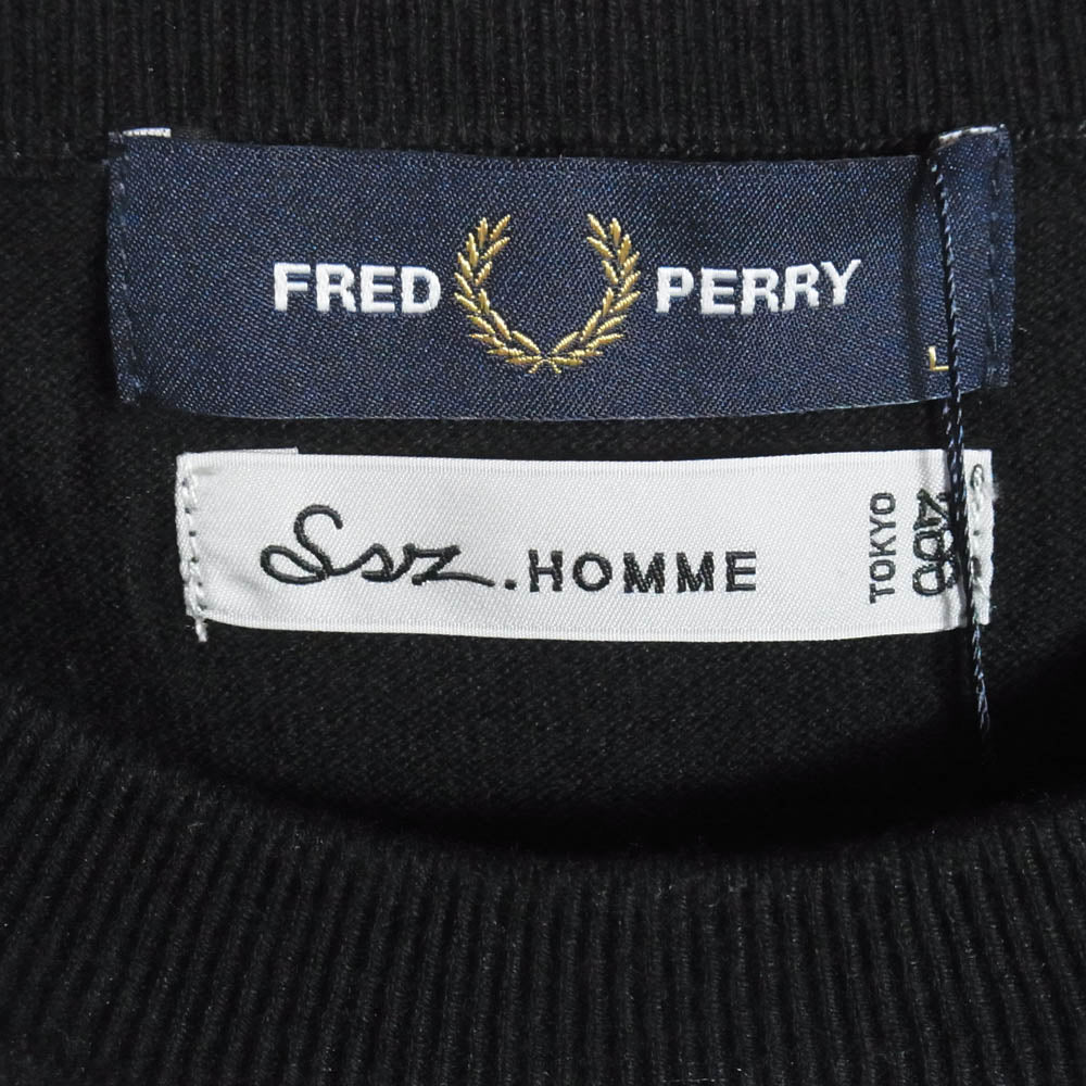 エスエスズィー FZ3267 11-15-1918-060-19-20 FRED PERRY フレッドペリー 別注 BEAMS ビームス ロゴ刺繍 クルーネック ニット セーター ブラック系 L【新古品】【未使用】【中古】