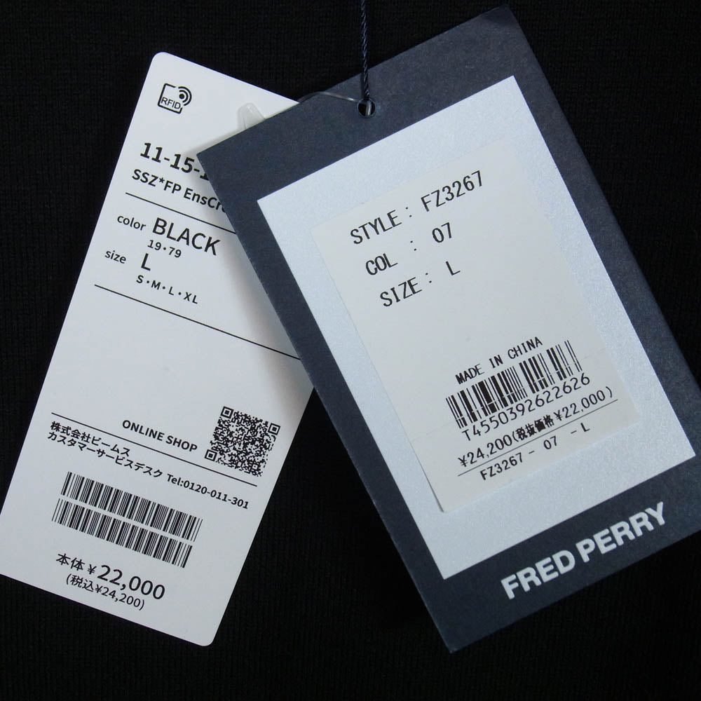 エスエスズィー FZ3267 11-15-1918-060-19-20 FRED PERRY フレッドペリー 別注 BEAMS ビームス ロゴ刺繍 クルーネック ニット セーター ブラック系 L【新古品】【未使用】【中古】