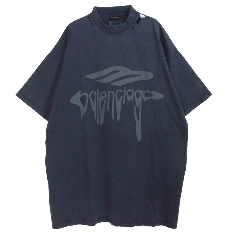 BALENCIAGA バレンシアガ 25SS 787349 TRVS8 3B Liquefied T-Shirt Oversized リキファイド ロゴ オーバーサイズ ダメージ加工 プリント 半袖 Tシャツ チャコール系 2【中古】
