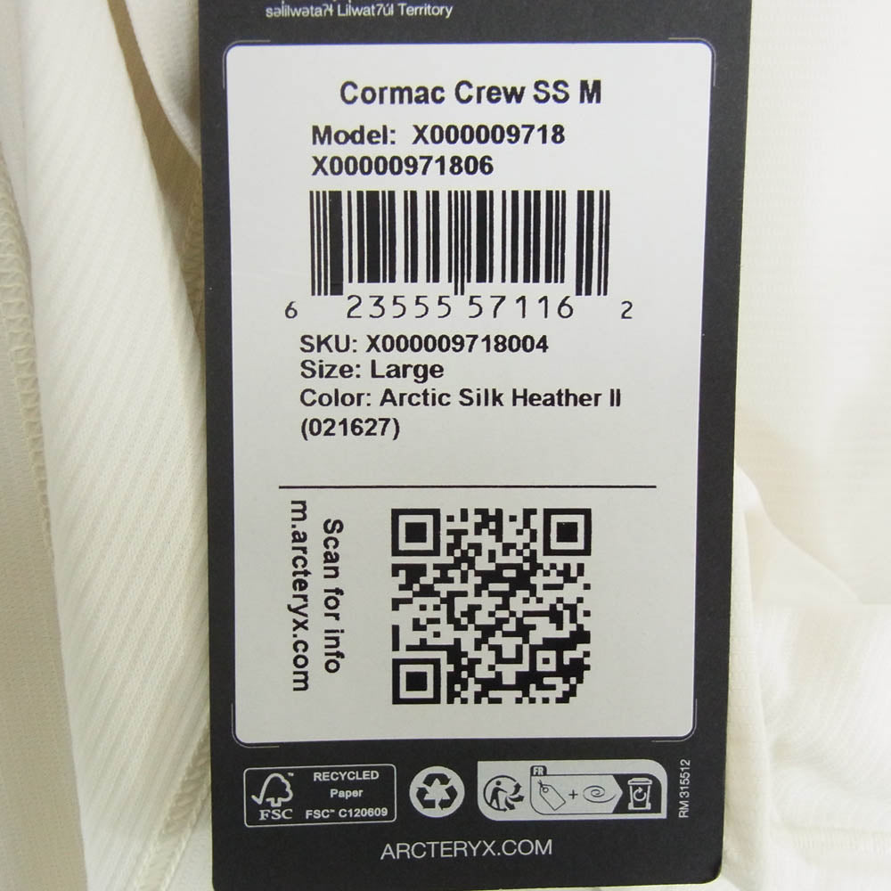 ARC'TERYX アークテリクス X000009718 Cormac Crew SS コーマック クルー 半袖 Tシャツ オフホワイト系 L【新古品】【未使用】【中古】