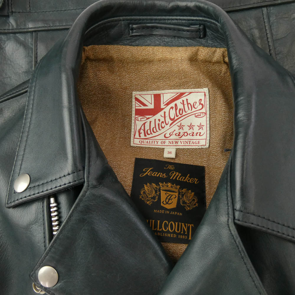 ADDICT CLOTHES アディクトクローズ 2896EX × FULLCOUNT フルカウント Horse-Hide British Riders Jacket ホースハイド ダブル ライダース ジャケット グリーン系 36【中古】