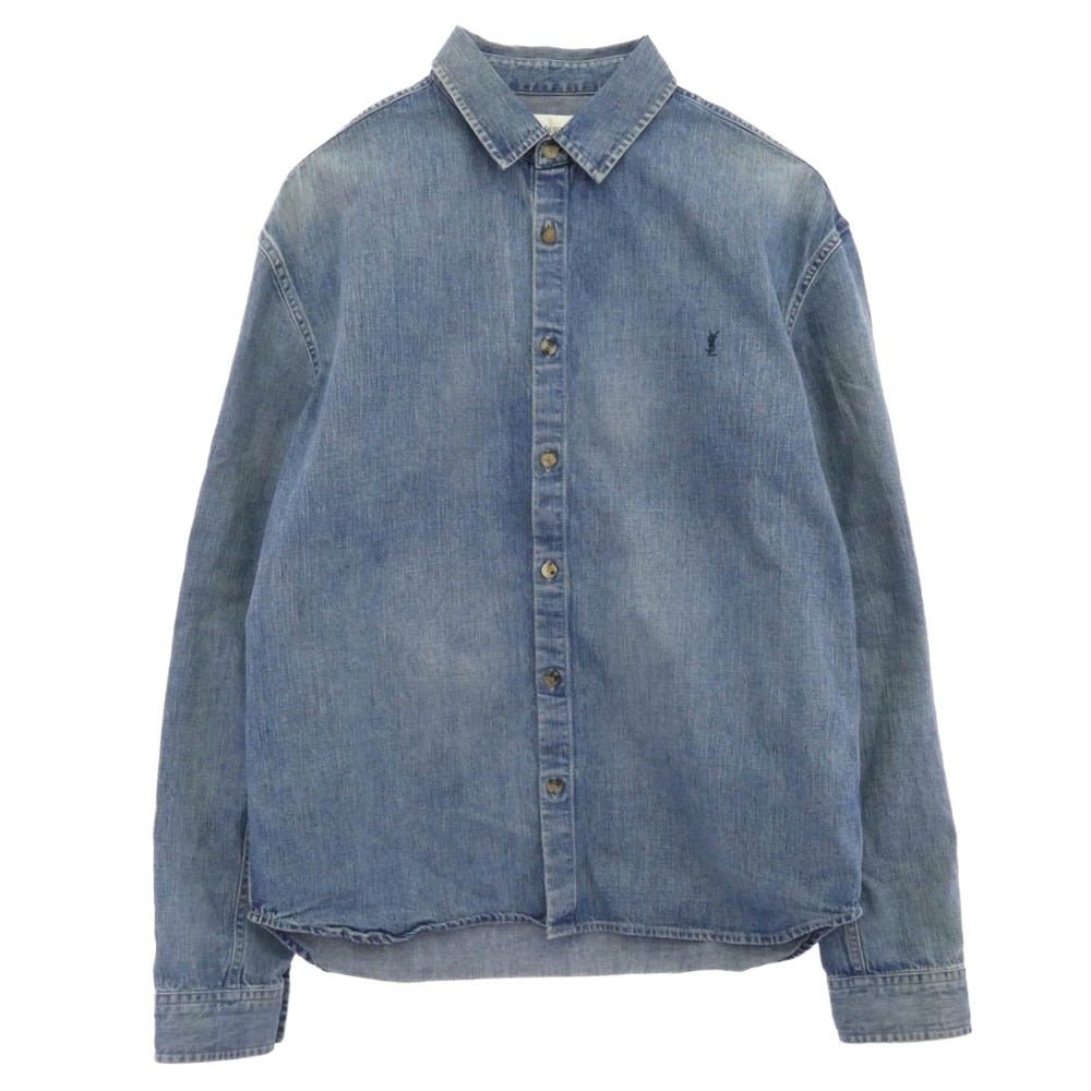 SAINT LAURENT サンローラン 823437 Y14MJ CASSANDRA SHIRT カサンドラ YSLロゴ刺繍 長袖 デニムシャツ ブルー系 L【中古】