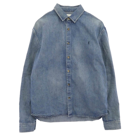 SAINT LAURENT サンローラン 823437 Y14MJ CASSANDRA SHIRT カサンドラ YSLロゴ刺繍 長袖 デニムシャツ ブルー系 L【中古】