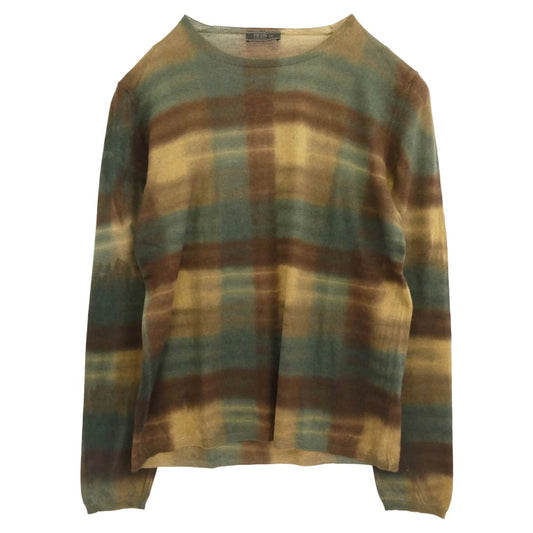PRADA プラダ シルク混ウール グラデーションチェック クルーネック ニット グリーン系【中古】