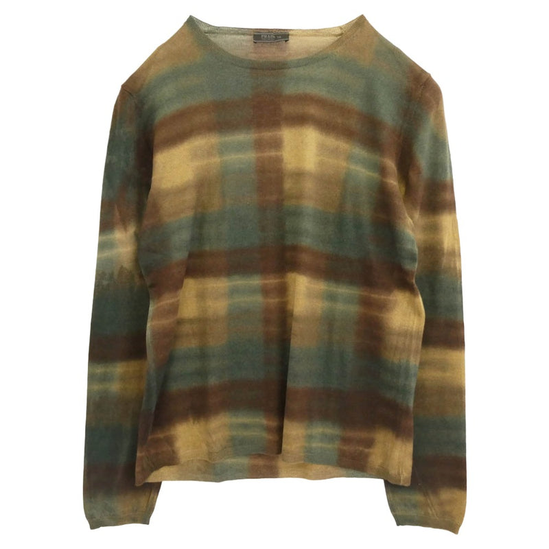 PRADA プラダ シルク混ウール グラデーションチェック クルーネック ニット グリーン系【中古】