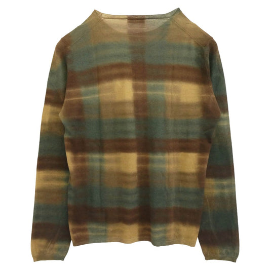 PRADA プラダ シルク混ウール グラデーションチェック クルーネック ニット グリーン系【中古】
