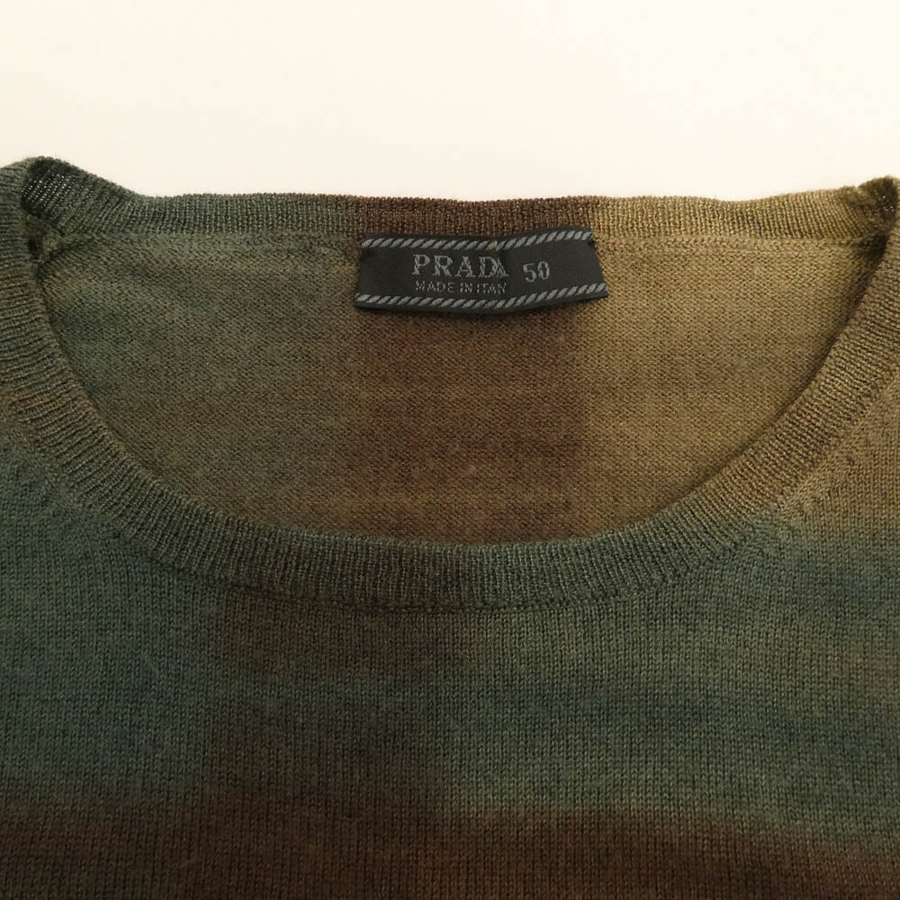 PRADA プラダ シルク混ウール グラデーションチェック クルーネック ニット グリーン系【中古】
