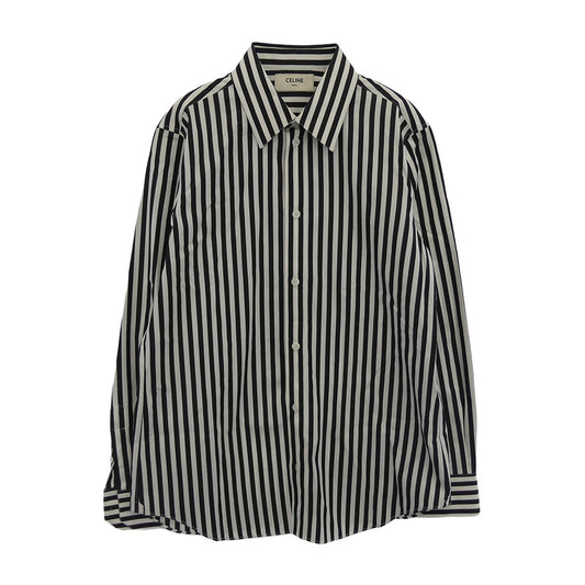 CELINE セリーヌ 2C009327D Classic shirt in large striped cotton with french collar ストライプ クラシック 長袖シャツ ブラック系 ホワイト系 38【中古】