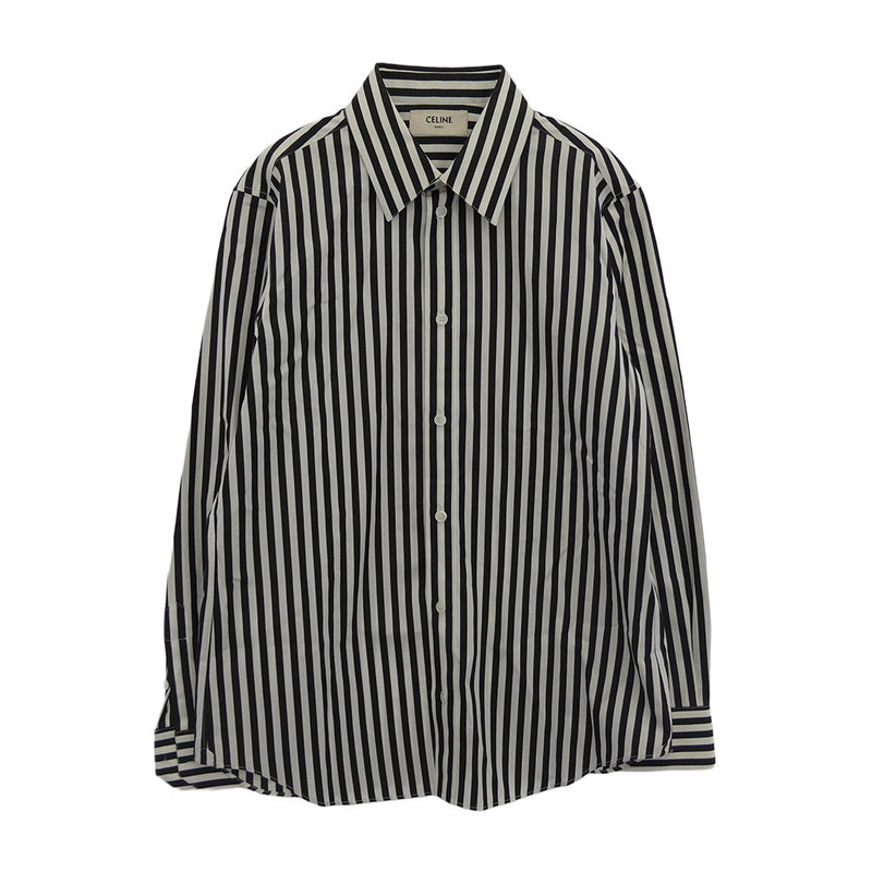 CELINE セリーヌ 2C009327D Classic shirt in large striped cotton with french collar ストライプ クラシック 長袖シャツ ブラック系 ホワイト系 38【中古】