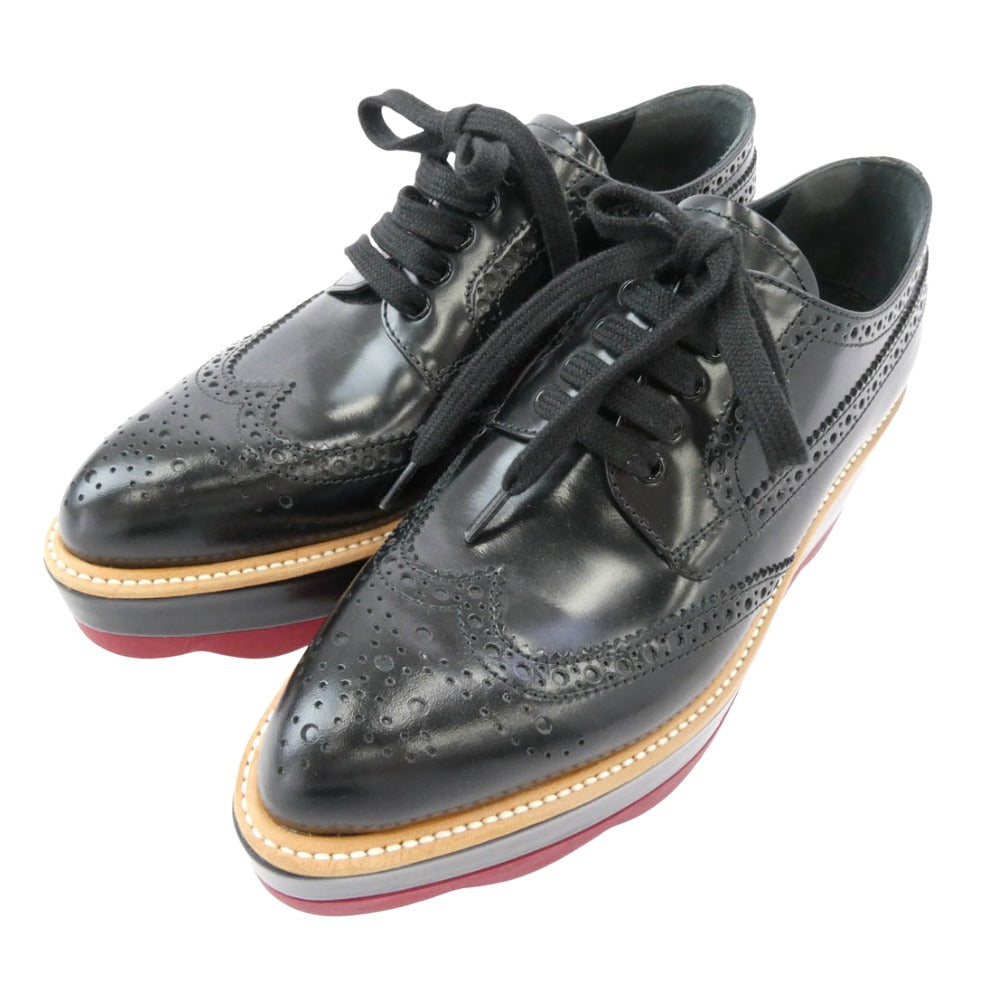 PRADA プラダ ウイングチップ プラットフォーム レザー シューズ ブラック系 35【中古】