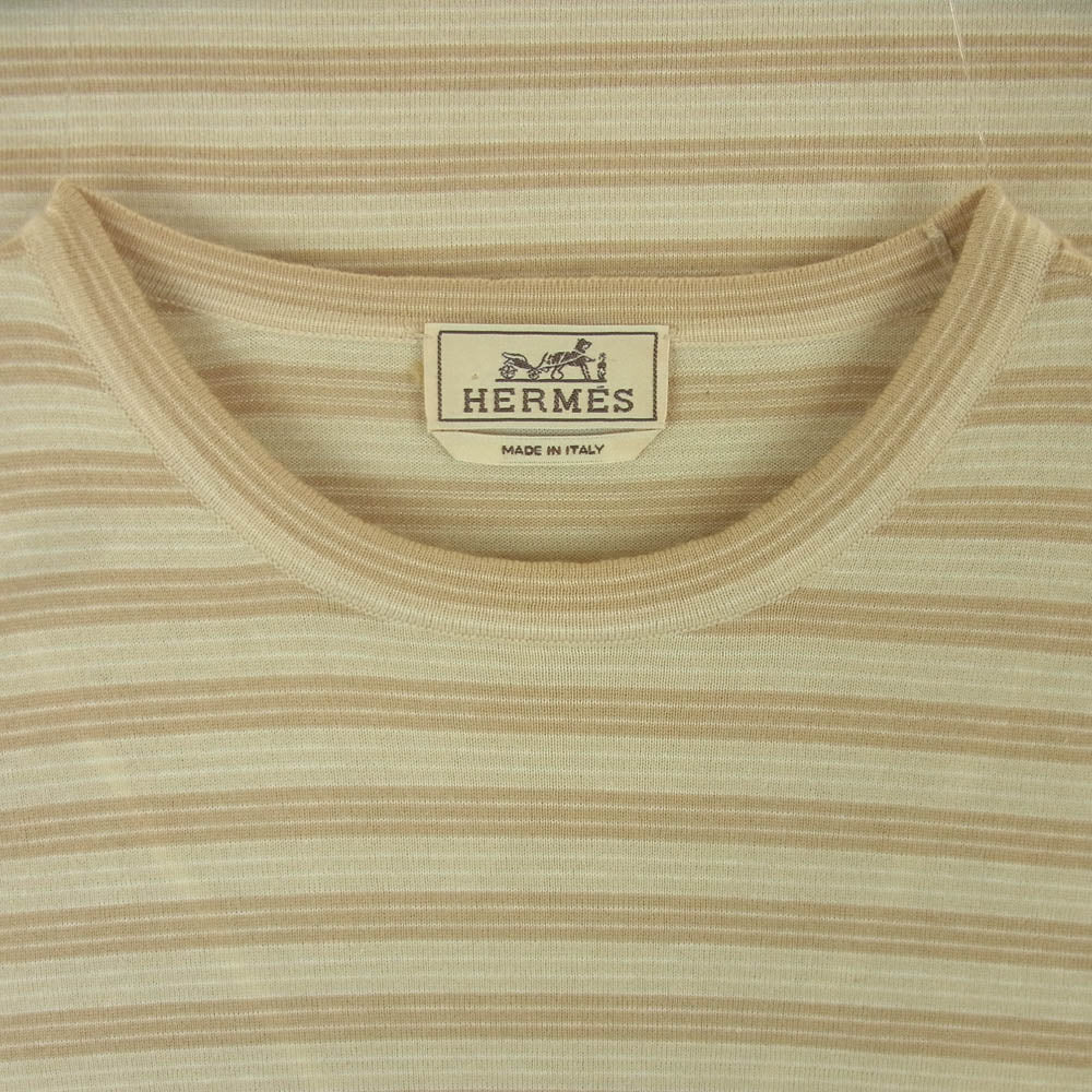 HERMES エルメス カシミヤ コットン ボーダー クルーネック ハイゲージ ニット イタリア製 ブラウン系 ベージュ系 XL【中古】