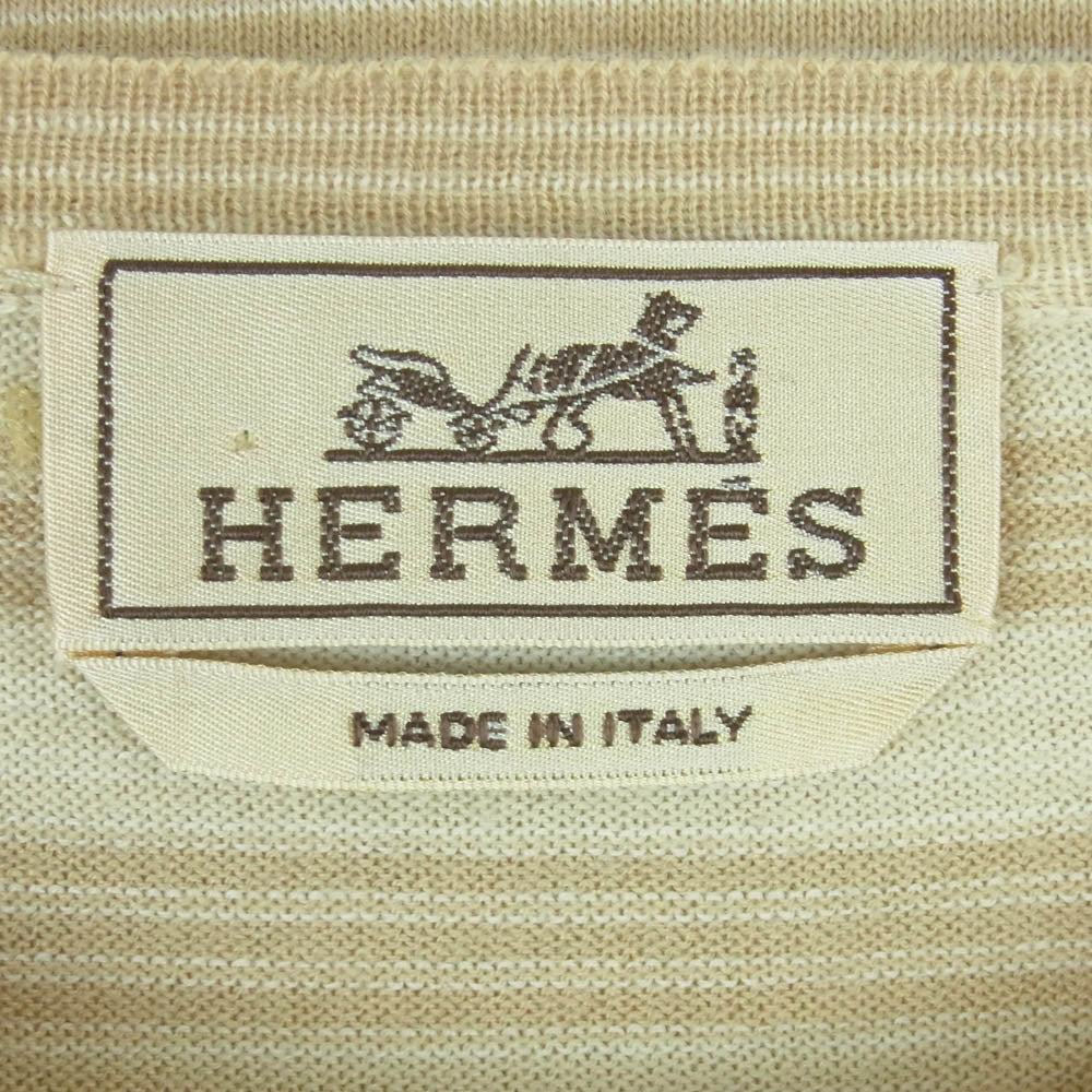 HERMES エルメス カシミヤ コットン ボーダー クルーネック ハイゲージ ニット イタリア製 ブラウン系 ベージュ系 XL【中古】
