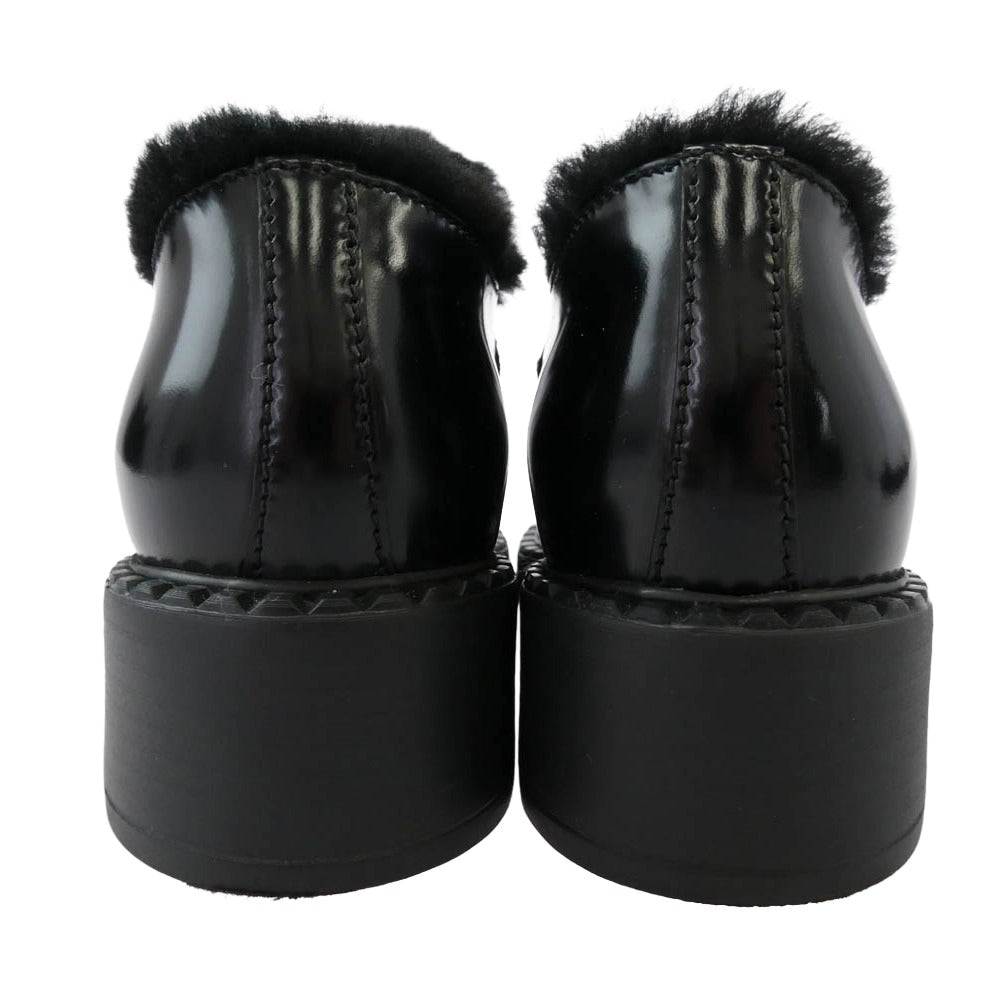 PRADA プラダ 8830 ブレッシュドレザー 三角プレート チョコレート ファー ローファー シューズ ブラック系 35.5【中古】