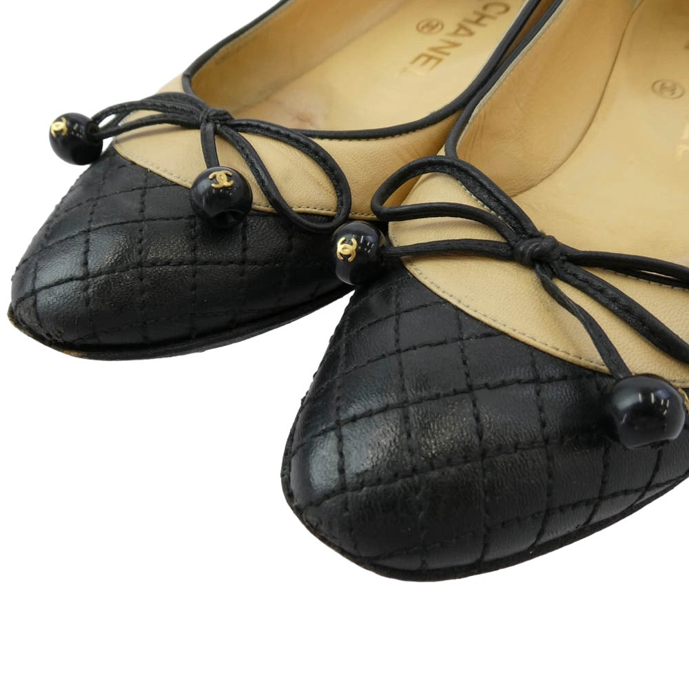CHANEL シャネル イタリア製 バイカラー ココマーク リボン バレエ フラット シューズ パンプス 35【中古】