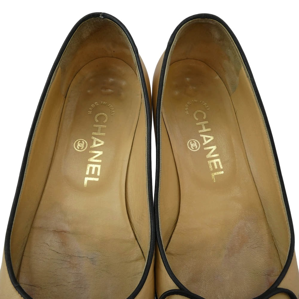 CHANEL シャネル イタリア製 バイカラー ココマーク リボン バレエ フラット シューズ パンプス 35【中古】