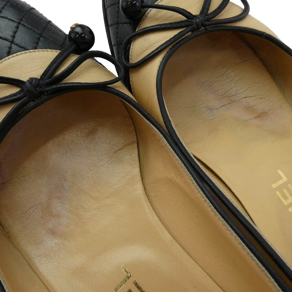 CHANEL シャネル イタリア製 バイカラー ココマーク リボン バレエ フラット シューズ パンプス 35【中古】