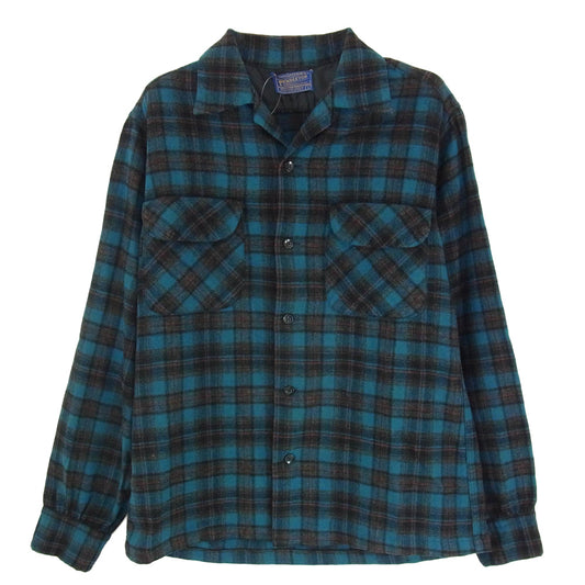 PENDLETON ペンドルトン 60S USA製 BOARD SHIRT ウール 長袖 オープンカラーシャツ ブルー ブラック系 ブルー系 S【中古】